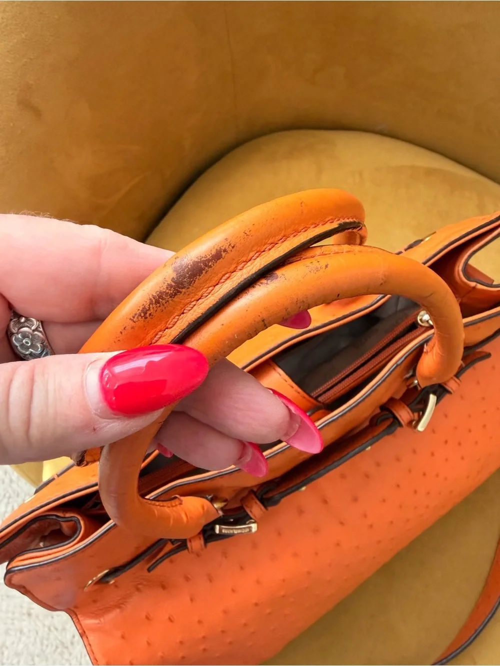 Michael Kors Hamilton Orange Ostrich Embossed Leather Satchel Shoulder Bag